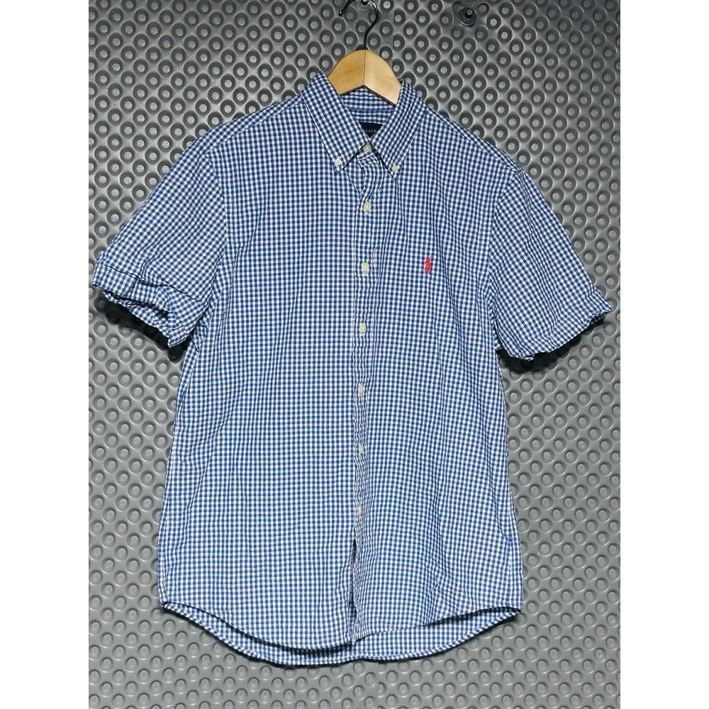 Ralph Lauren Men's M Blue White Cotton Gingham Seersucker Short Sleeve Perfect